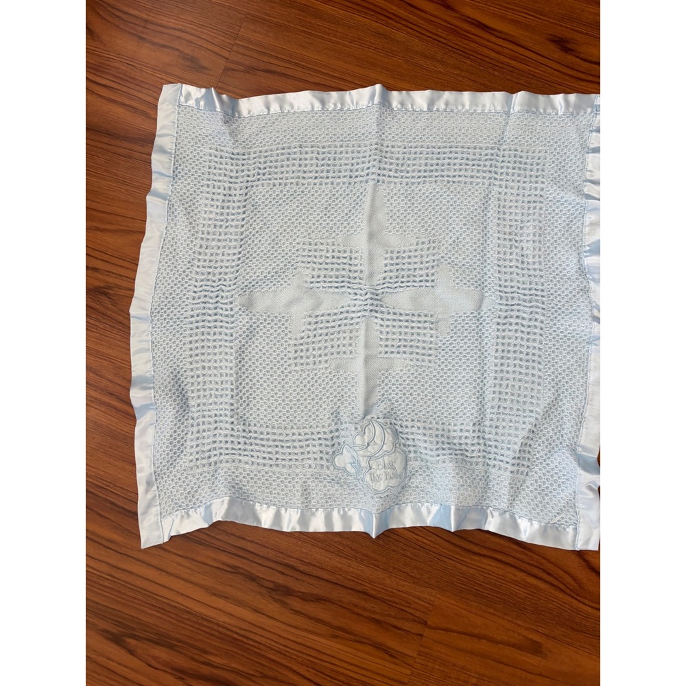 Kidgets Blue waffle Knit Baby Blanket Bless This Baby Satin Trim 28x29 moon